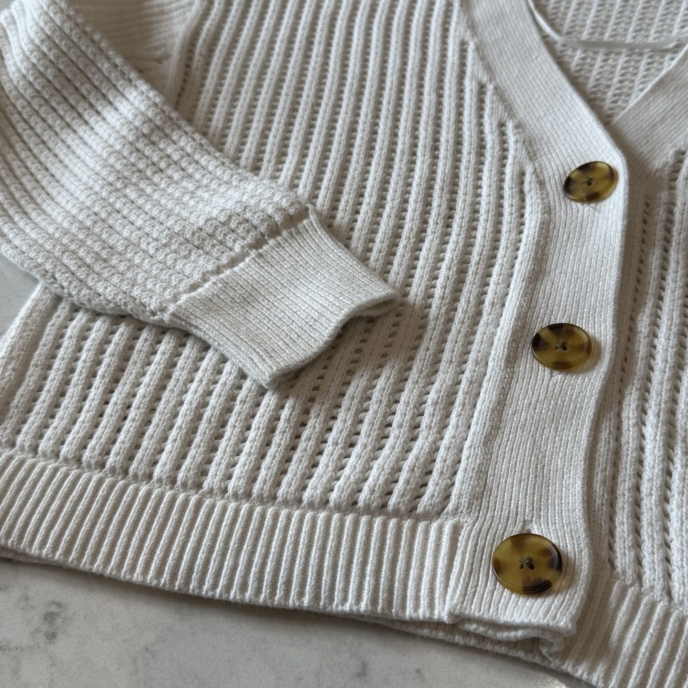 GAP Crochet Cropped Cardigan Sweater V-Neck Open Knit Tortoise She'll Buttons M - Picture 3 of 10